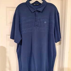 Travis Mathew Navy Blue Short-Sleeve Polo with Subtle Chest Stripes
